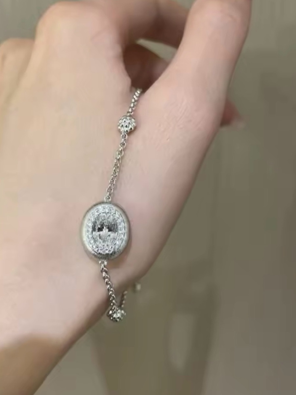 NWT-.925 Silver retro brushed CZ Crystal Oval Pendant Bracelet(silver or gold)
